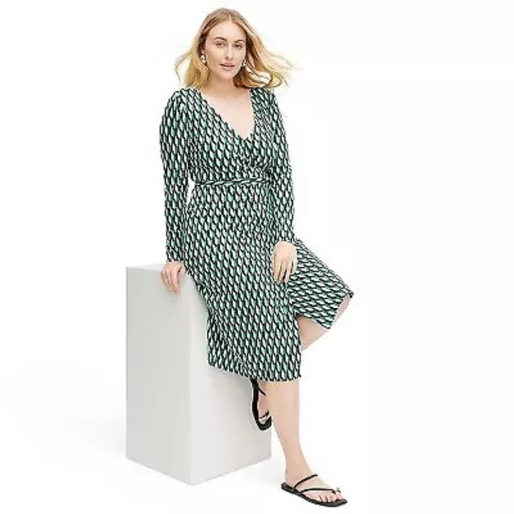 Women's Long‎ Sleeve Midi Arrow Geo Green Wrap Dress - DVF x Target NWT